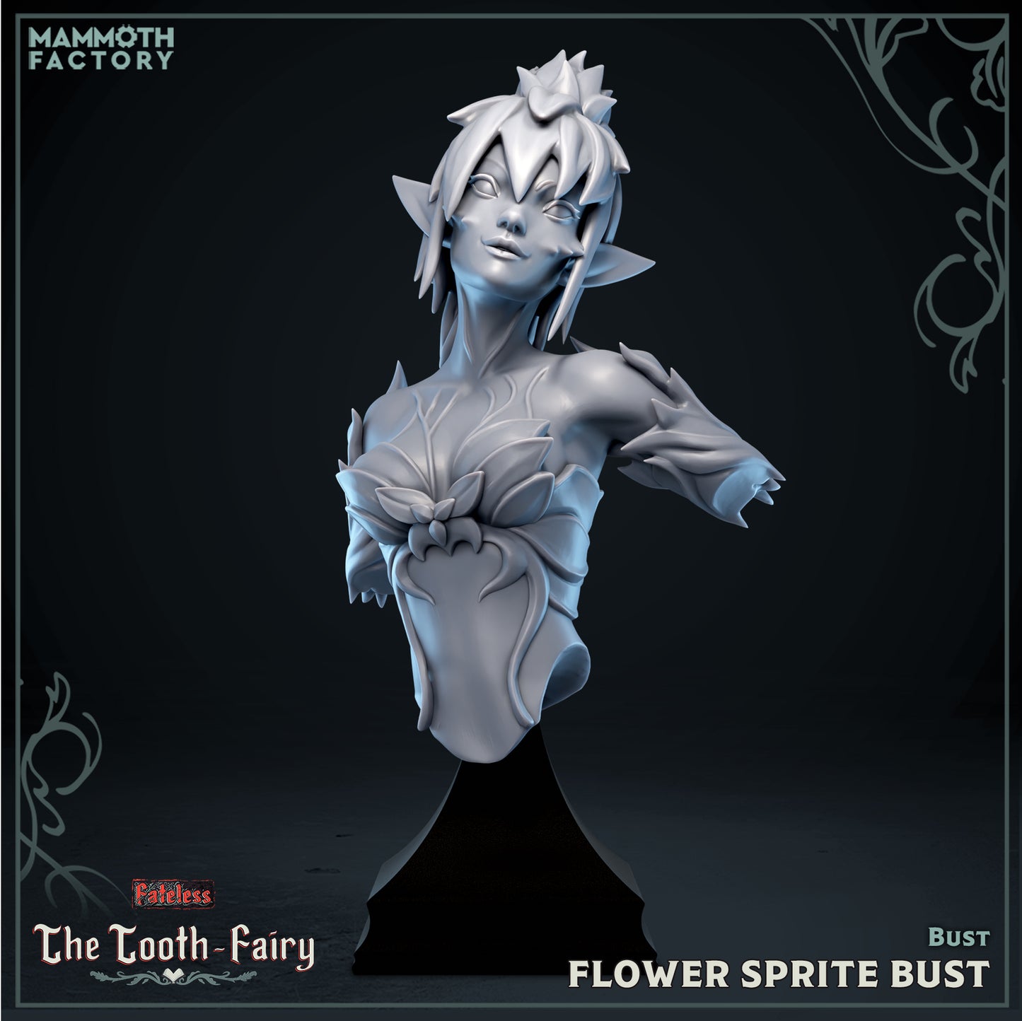 Flower Sprite Bust Fateless resin display bust featuring a youthful fey spirit adorned with petal-inspired armor and delicate woodland details.