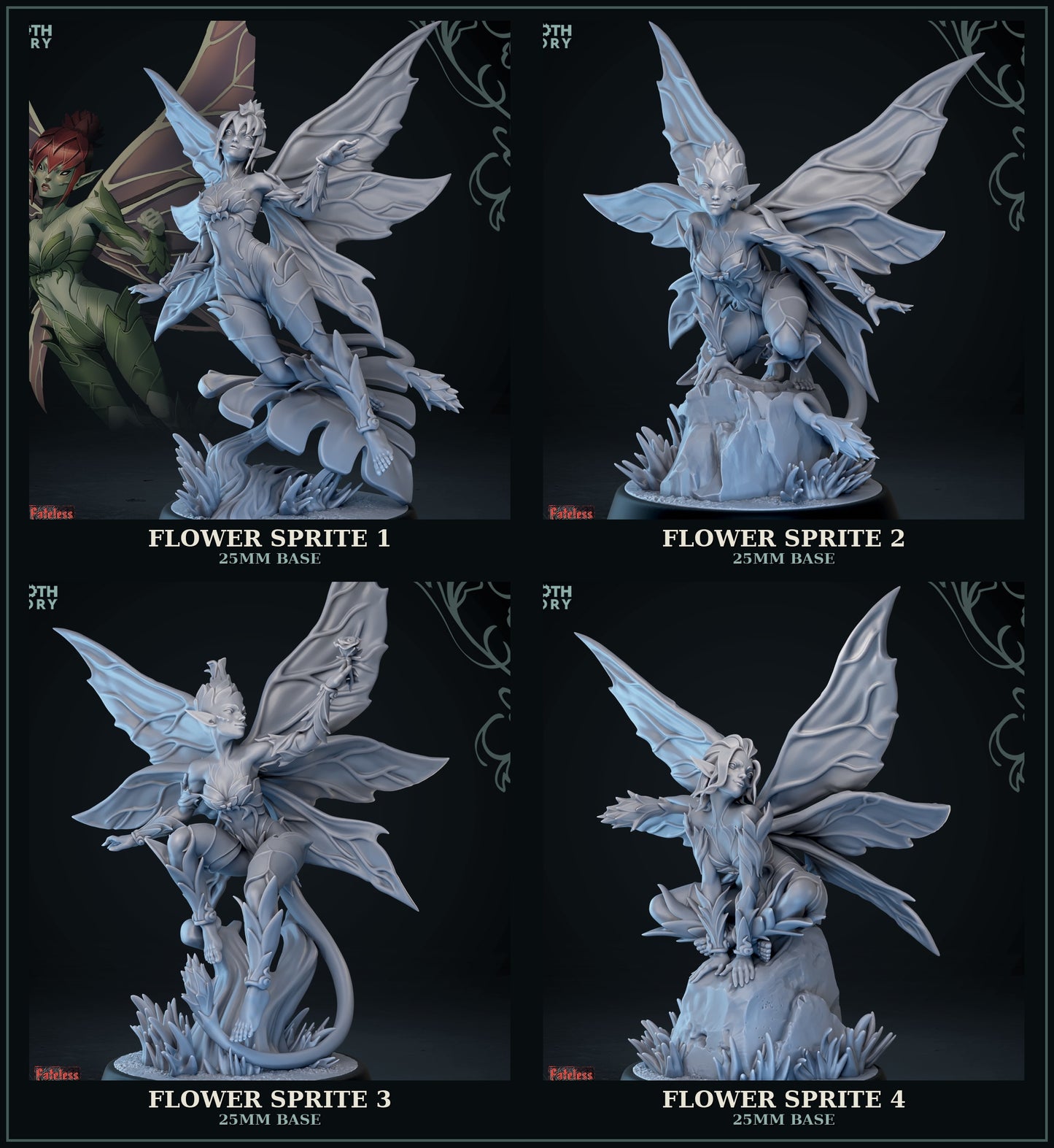 Flower Sprites Fateless resin miniature collection featuring four unique winged fey creatures with floral armor and butterfly wings.
