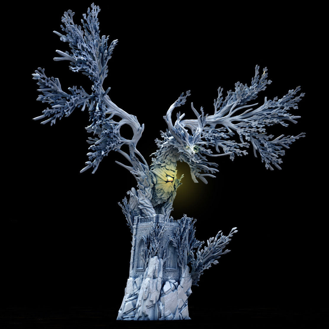 Forest Dragon Guardian miniature with branch-like wings and roots surrounding a ruined stone tower.