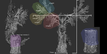 Scale reference of the Forest Dragon Guardian, highlighting its branch wingspan and stone tower base.