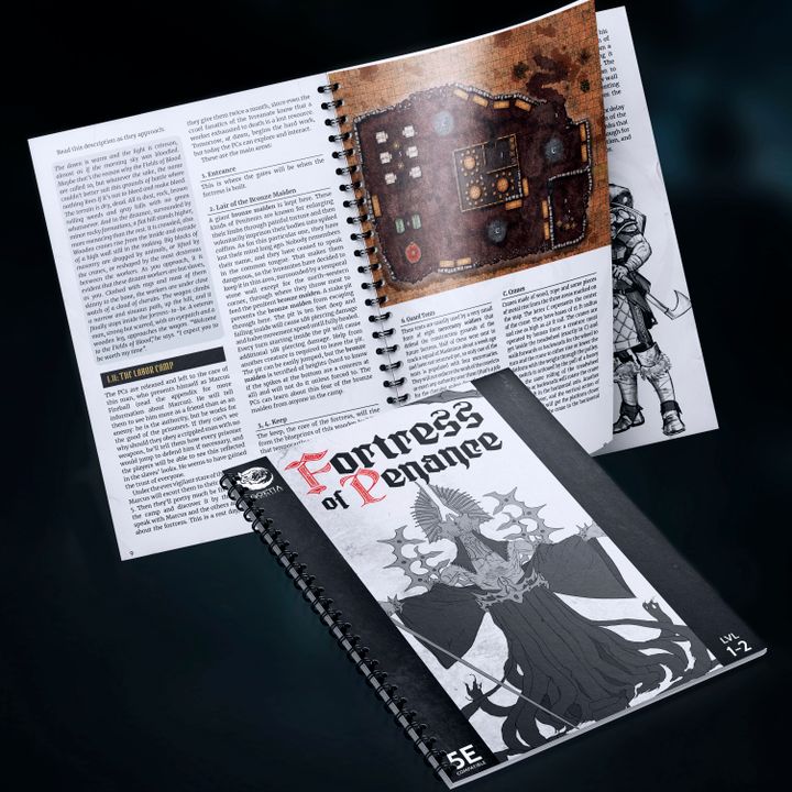 Fortress of Penance Dungeons and Dragons 5E compatible dark fantasy campaign PDF book render featuring printed adventure pages, battle map previews, and grimdark fantasy artwork from Goetia Miniatures