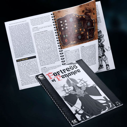 Fortress of Penance Dungeons and Dragons 5E compatible dark fantasy campaign PDF book render featuring printed adventure pages, battle map previews, and grimdark fantasy artwork from Goetia Miniatures