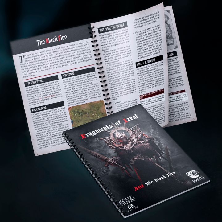 Fragments of Izral A02 The Black Fire grimdark fantasy adventure PDF cover featuring infernal armored demon warrior for Dungeons and Dragons 5E and Tactical Horror campaigns
