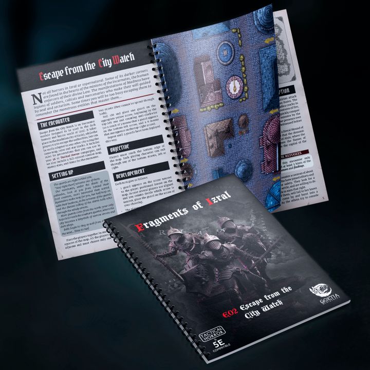 SEO Filename: fragments-of-izral-e02-escape-from-the-city-watch-grimdark-fantasy-encounter-pdf-cover
Alt Tag: Fragments of Izral Escape from the City Watch grimdark fantasy encounter PDF cover with armored city watch guards and urban pursuit scenario for 5E Tactical Horror campaigns