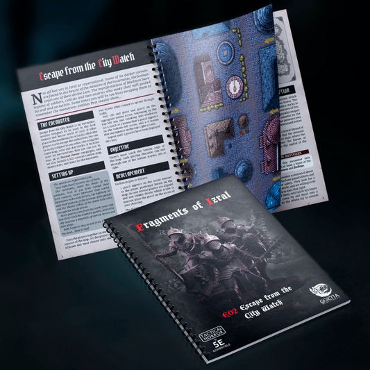 SEO Filename: fragments-of-izral-e02-escape-from-the-city-watch-grimdark-fantasy-encounter-pdf-cover
Alt Tag: Fragments of Izral Escape from the City Watch grimdark fantasy encounter PDF cover with armored city watch guards and urban pursuit scenario for 5E Tactical Horror campaigns