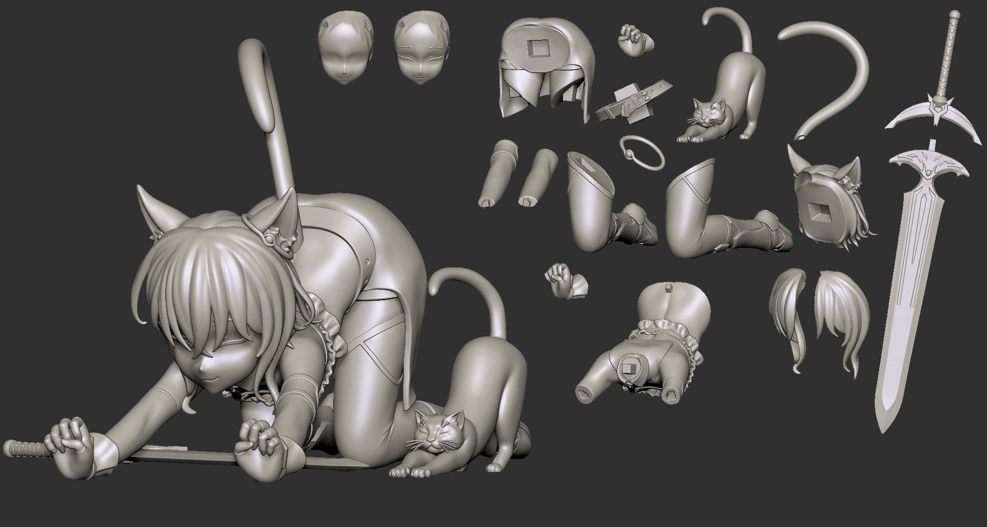 Fran Reincarnated as a Sword 1:7 scale figure parts layout showing head options limbs tail sword and cat companion