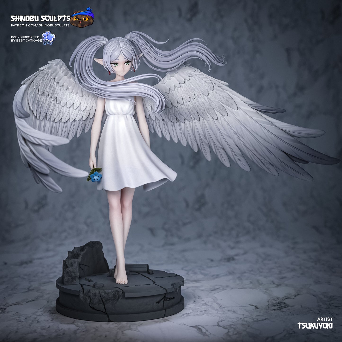 frieren angel statue wings flowing hair flower resin figure