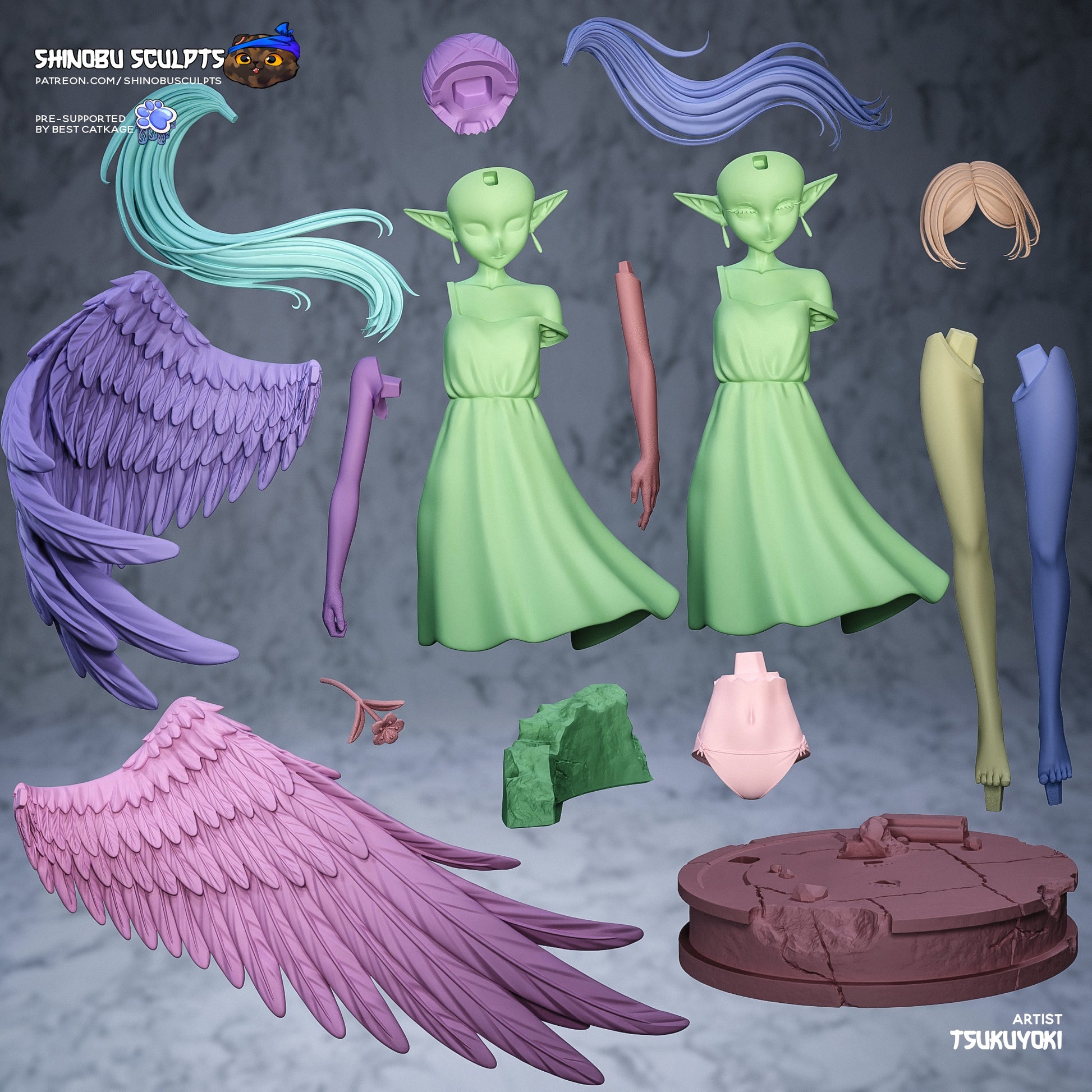frieren model kit parts breakdown wings hair body base with dimensions resin figure
