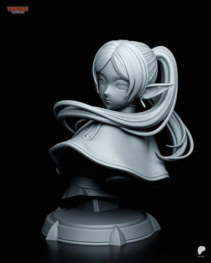 Frieren elf mage bust portrait with long ponytail and pointed ears, fantasy anime collectible bust from Frieren Beyond Journey’s End