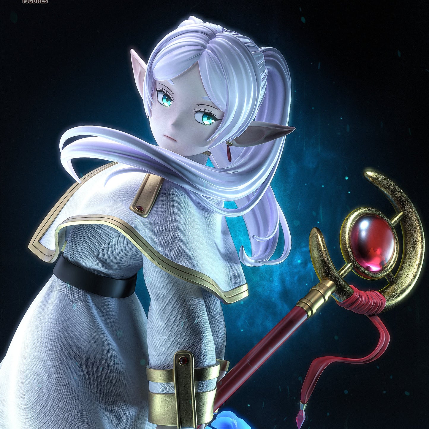 Frieren elf mage statue close up portrait with staff detail and serene expression, Frieren Beyond Journey’s End anime figure