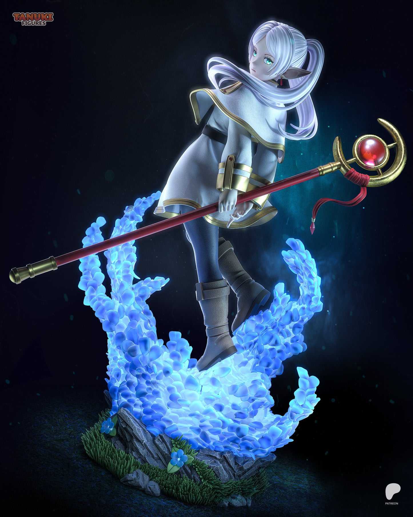 Frieren elf mage full body statue floating above magical energy while holding staff, Frieren Beyond Journey’s End anime fantasy figure