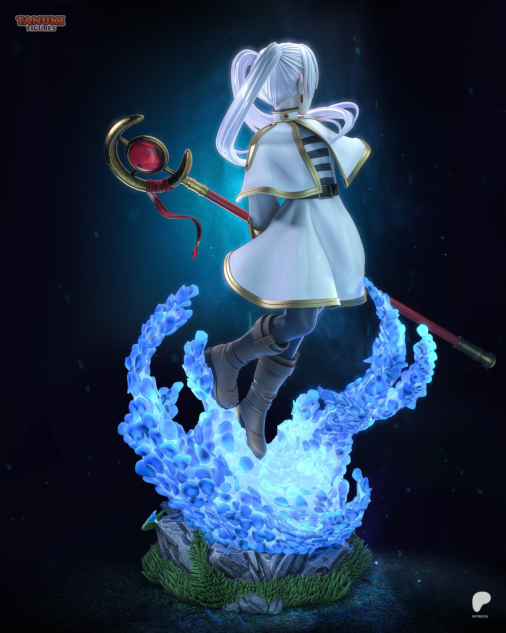 Frieren elf mage statue rear view with flowing hair and swirling magical base, Frieren Beyond Journey’s End fantasy collectible