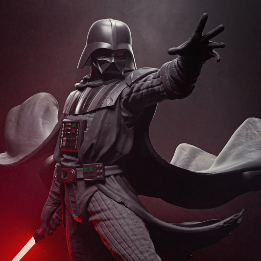 Close-up of Darth Vader figurine highlighting his menacing helmet, armor details, and dramatic hand gesture.