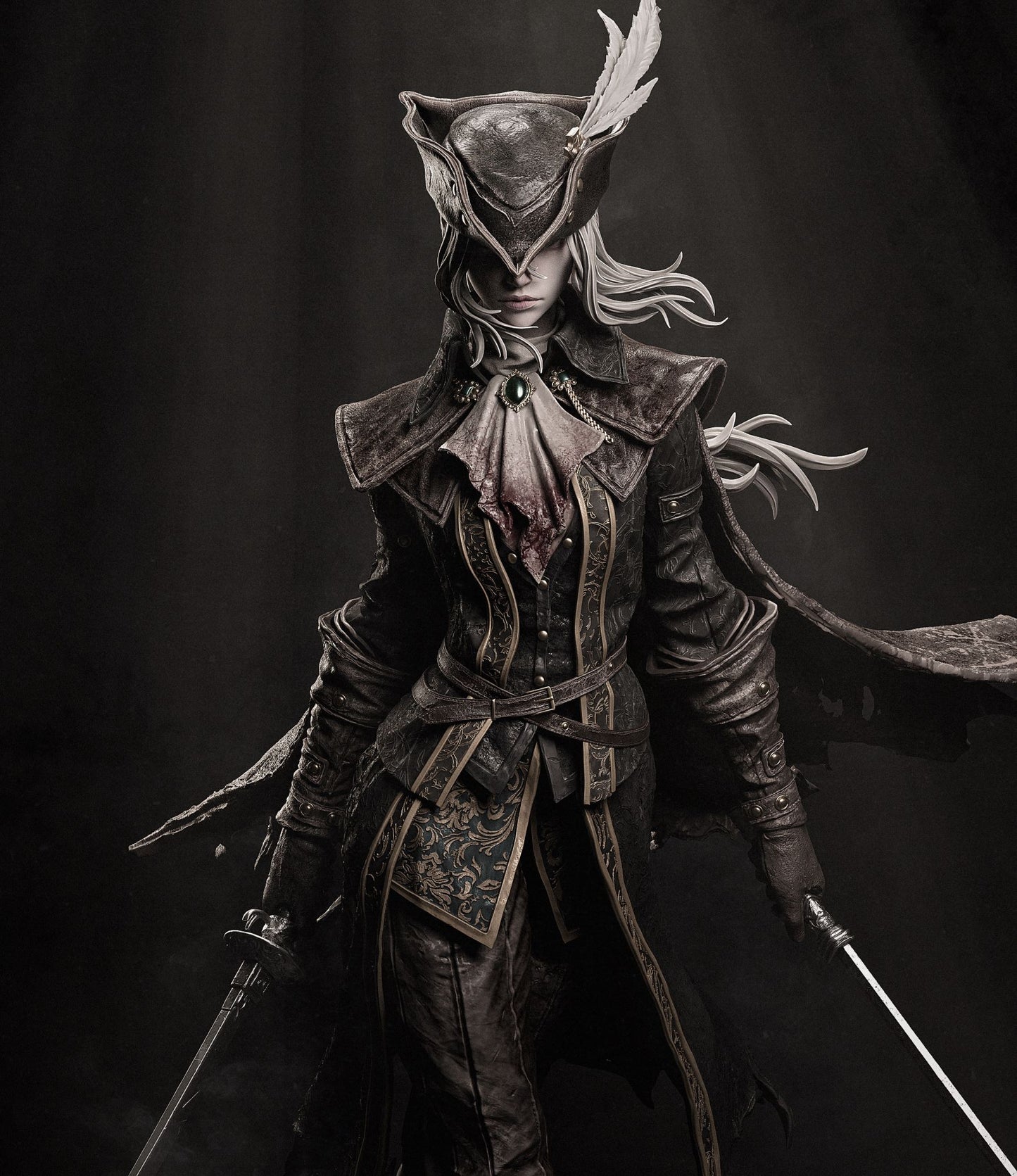 Close-up of Lady Maria, emphasizing her ornate clothing, feathered hat, and intense expression, capturing the gothic fantasy style.