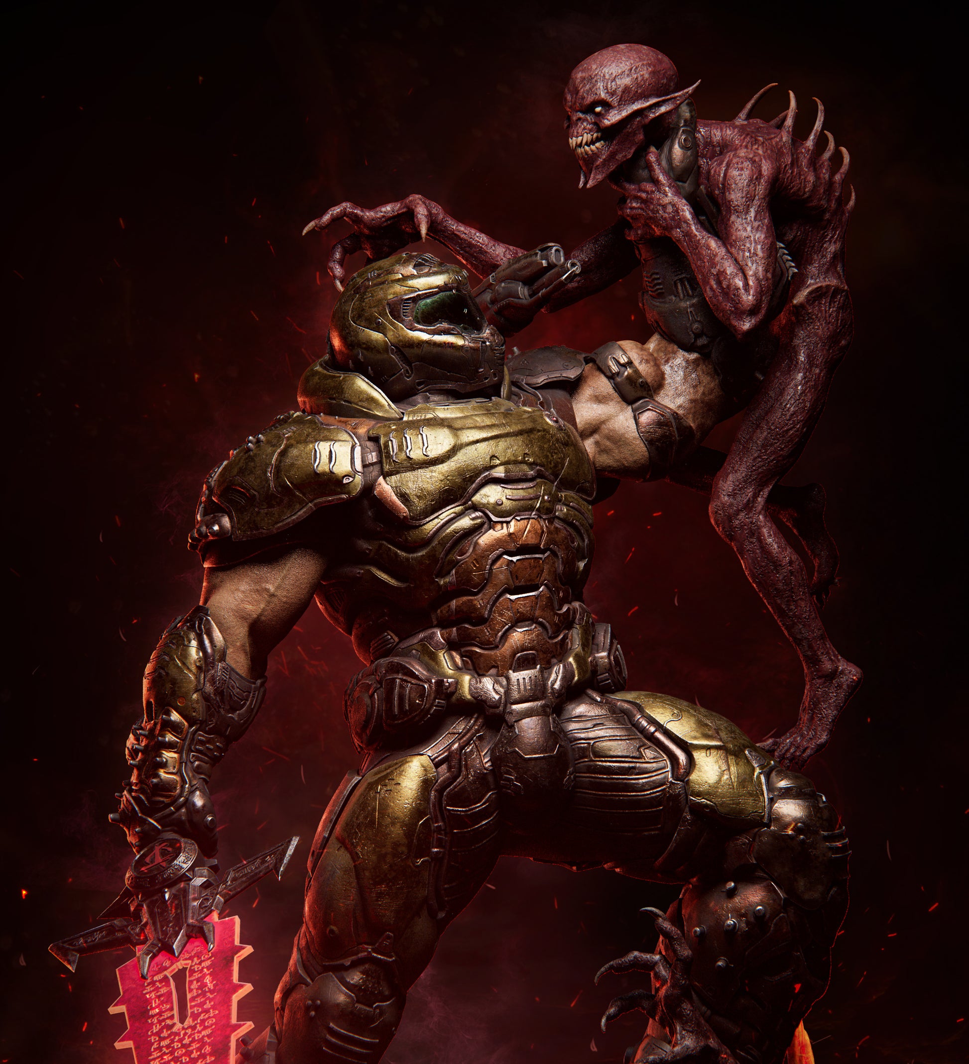 Close-up angled view of Doom Slayer gripping the demon’s neck mid-action, energy sword raised.