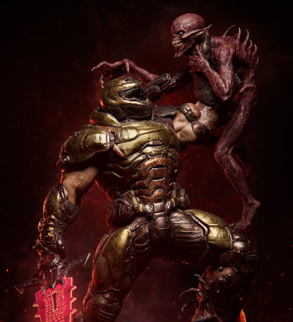 Close-up angled view of Doom Slayer gripping the demon’s neck mid-action, energy sword raised.