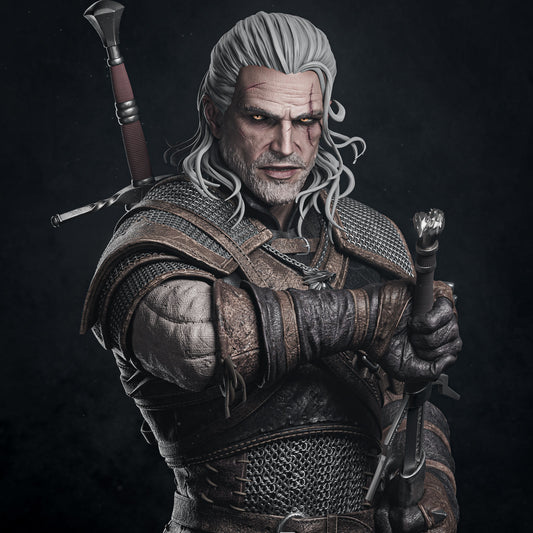 Geralt The Witcher 1:6 scale figure close-up showing facial scars, detailed hair sculpt, chainmail cuirass, and sword hilt in hand.