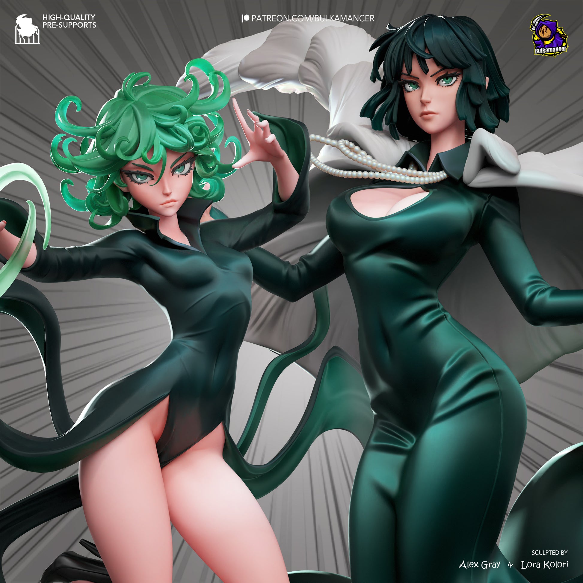 Fubuki and Tatsumaki One Punch Man 1:8 scale collectible statue close-up, showcasing posed stances, flowing hair, and dynamic energy effects for display collectors.