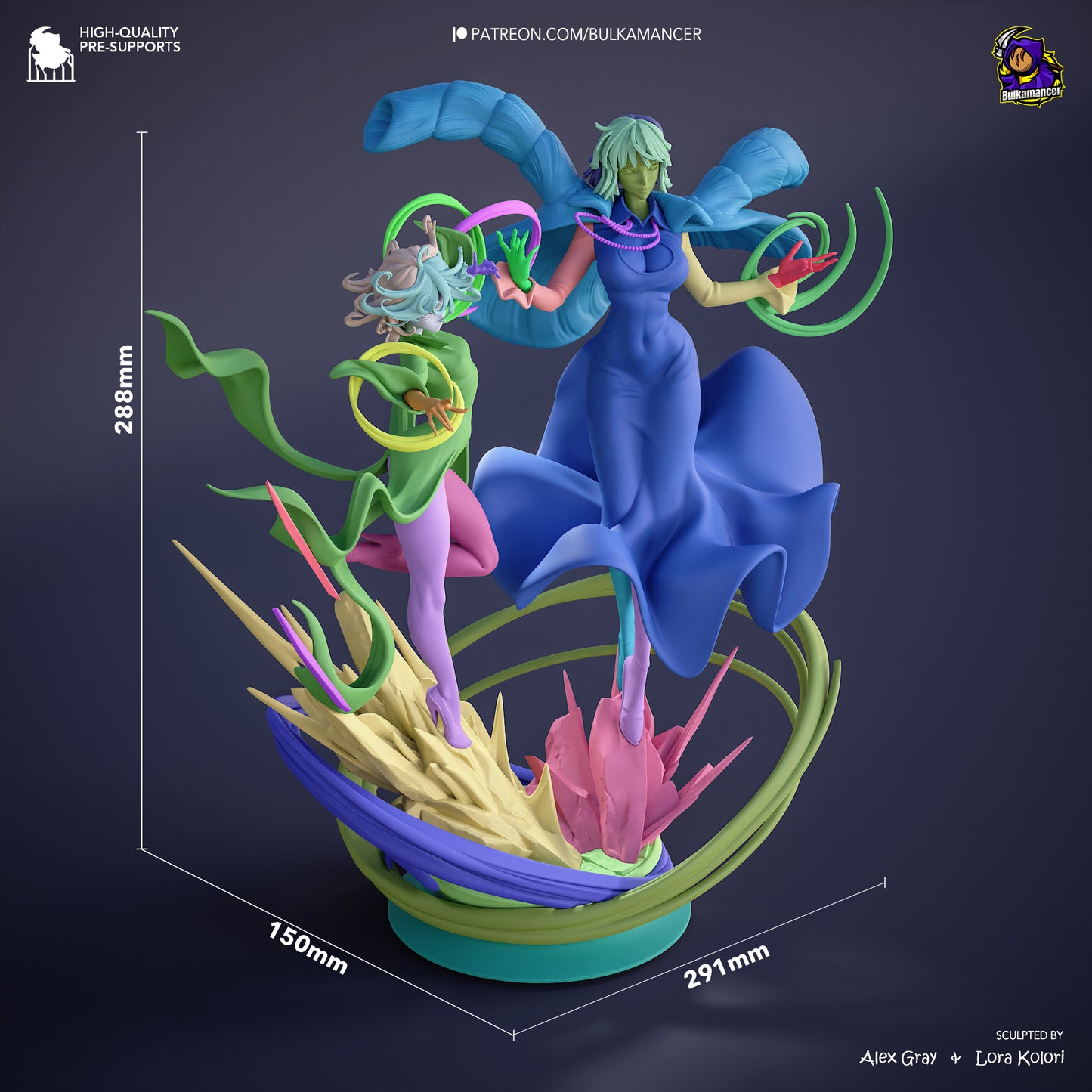 Fubuki and Tatsumaki One Punch Man 1:8 scale statue diorama with full measurements, showing both characters levitating with swirling psychic effects and layered base structure for collectible display.