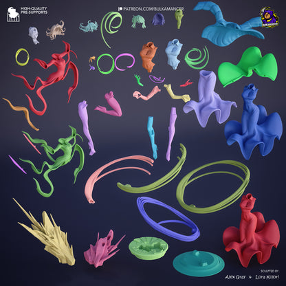 Fubuki and Tatsumaki One Punch Man 1:8 scale statue exploded parts layout, showing interchangeable components, swirling effects, limbs, hair pieces, and base elements for assembly reference.