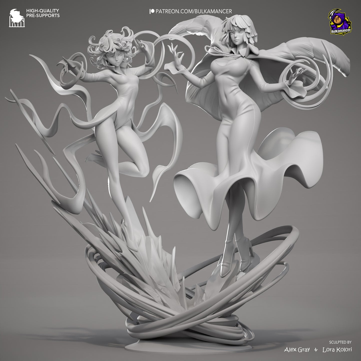 Fubuki and Tatsumaki One Punch Man 1:8 scale statue grey render front view, displaying psychic levitation poses, flowing clothing, and energy effects on the collectible diorama base.
