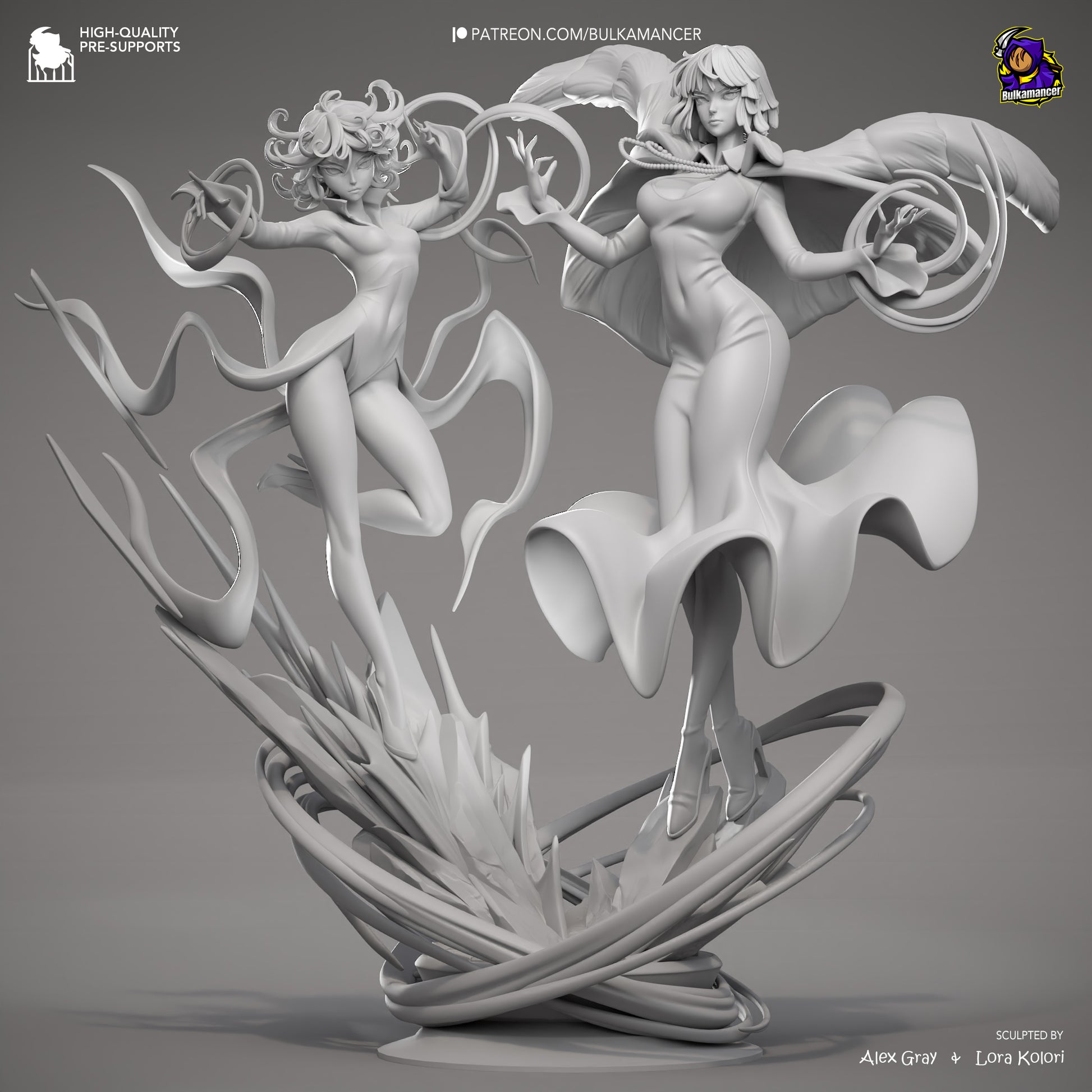 Fubuki and Tatsumaki One Punch Man 1:8 scale statue grey render front view, displaying psychic levitation poses, flowing clothing, and energy effects on the collectible diorama base.