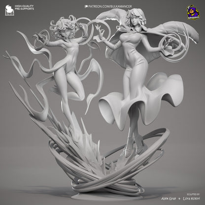 Fubuki and Tatsumaki One Punch Man 1:8 scale statue grey render front view, displaying psychic levitation poses, flowing clothing, and energy effects on the collectible diorama base.