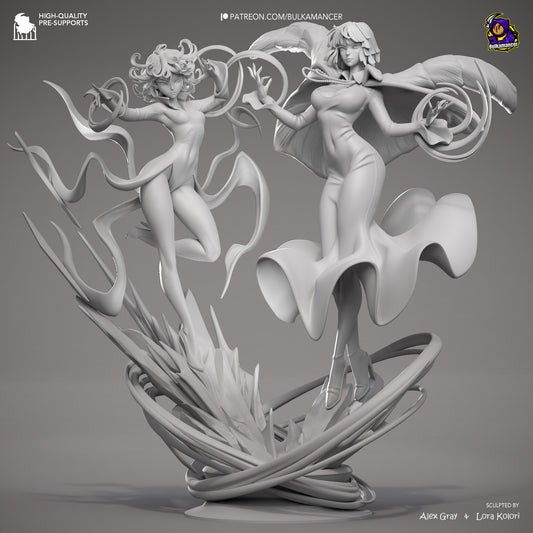 Fubuki and Tatsumaki One Punch Man 1:8 scale statue grey render front view, displaying psychic levitation poses, flowing clothing, and energy effects on the collectible diorama base.