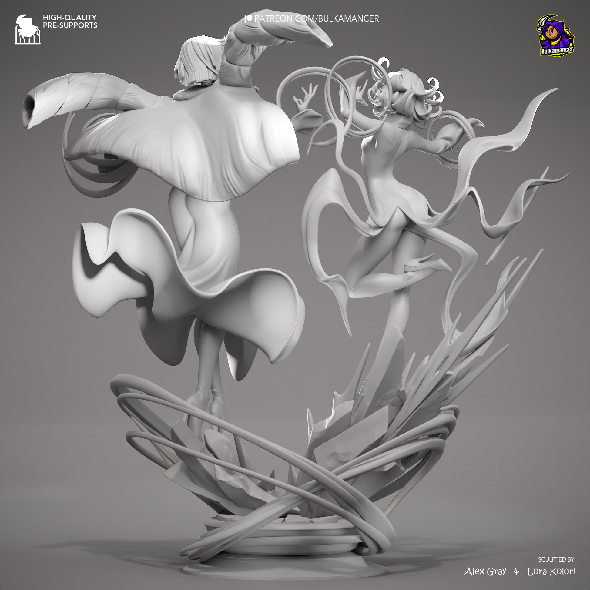 Fubuki and Tatsumaki One Punch Man 1:8 scale statue grey render back view, highlighting cape flow, hair movement, and swirling base effects from behind on the collectible diorama.