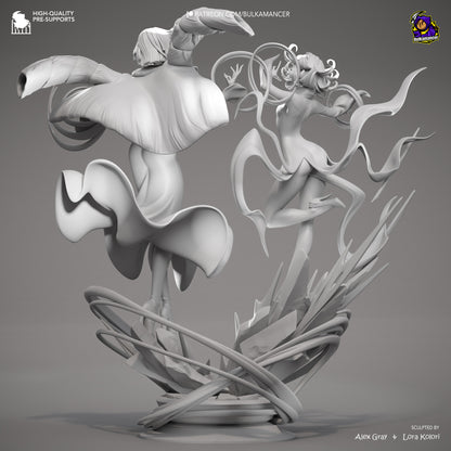 Fubuki and Tatsumaki One Punch Man 1:8 scale statue grey render back view, highlighting cape flow, hair movement, and swirling base effects from behind on the collectible diorama.