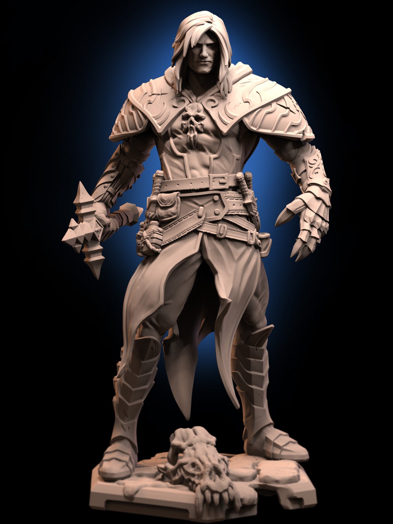 Gabriel Belmont inspired miniature front render showing male vampire hunter in hooded armor with chest emblem, layered pauldrons, spiked mace, armored boots, and skull-themed stone base; suited for D&D and dark fantasy RPGs.