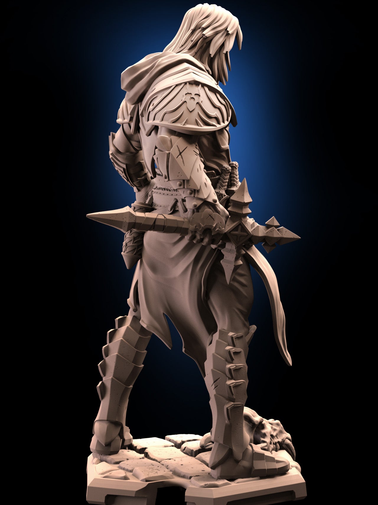 Gabriel Belmont inspired miniature rear view showing engraved shoulder armor, long hair, hood, spiked mace held behind the body, layered plates on legs, flowing tabard, and stone base with monster skull; fantasy tabletop miniature for D&D and Pathfinder.