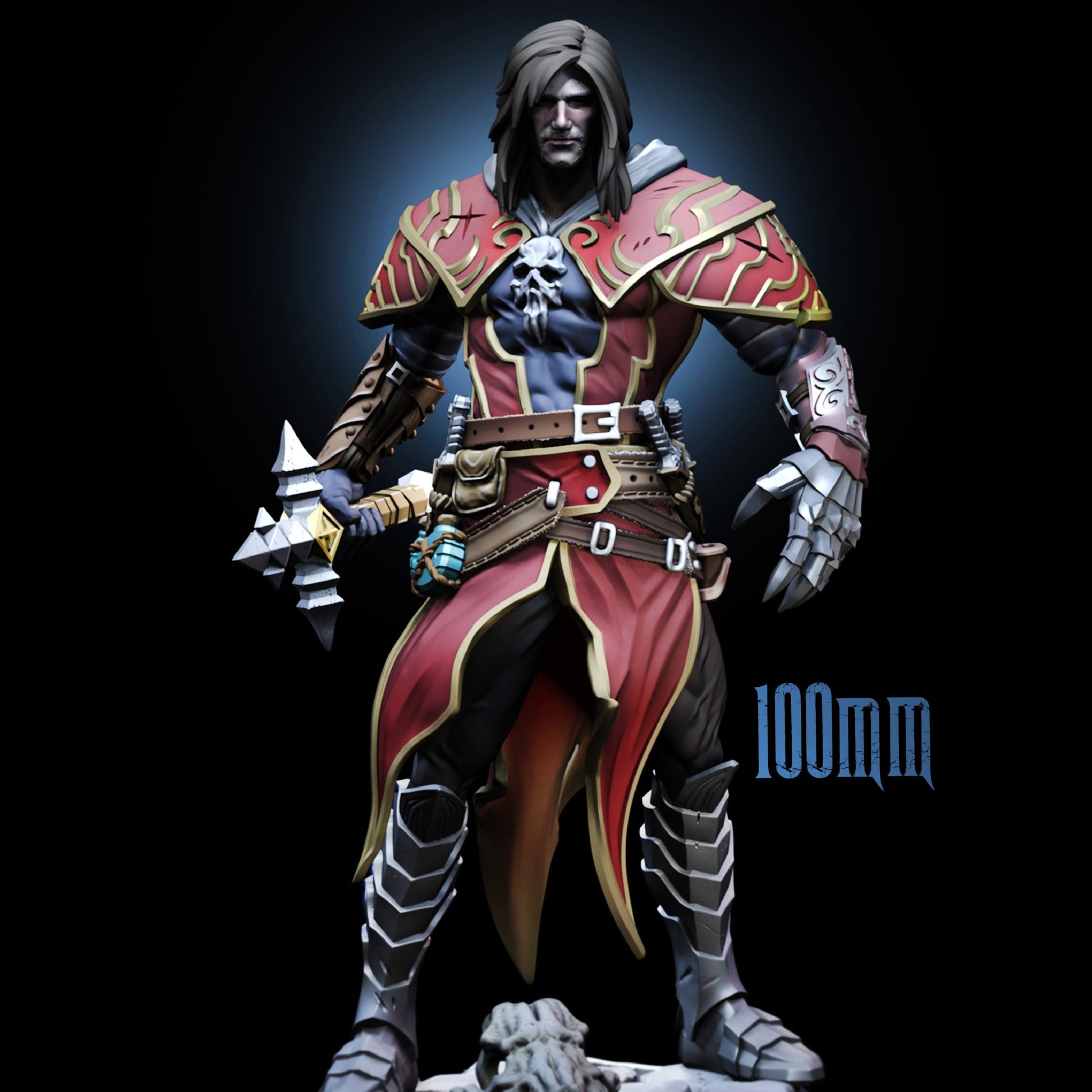 Gabriel Belmont inspired miniature painted render showing vampire hunter in ornate armor holding a spiked mace, standing on a stone base with skull; fantasy tabletop miniature for Dungeons and Dragons, Pathfinder, and Castlevania-style campaigns.