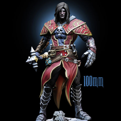 Gabriel Belmont inspired miniature painted render showing vampire hunter in ornate armor holding a spiked mace, standing on a stone base with skull; fantasy tabletop miniature for Dungeons and Dragons, Pathfinder, and Castlevania-style campaigns.