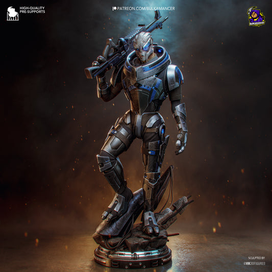 Garrus Vakarian Mass Effect 1:8 scale resin statue painted render with sniper rifle and sci fi rubble base
