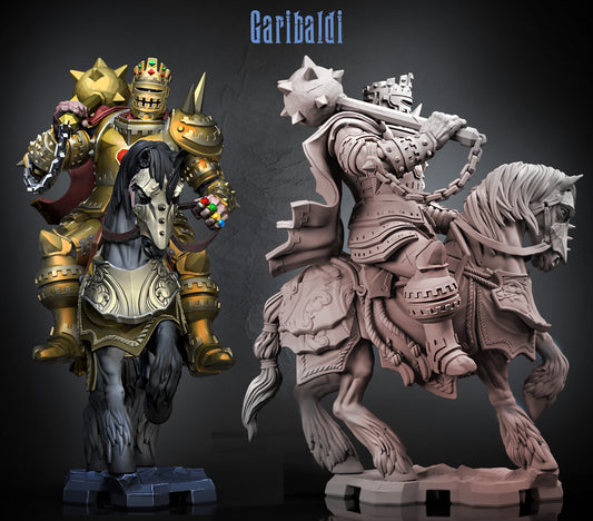 General Garibaldi human fighter Knights of the Round inspired resin tabletop miniature painted and clay render comparison featuring armored cavalry knight spiked flail mounted warhorse and heavy fantasy armor for Dungeons and Dragons boss encounters