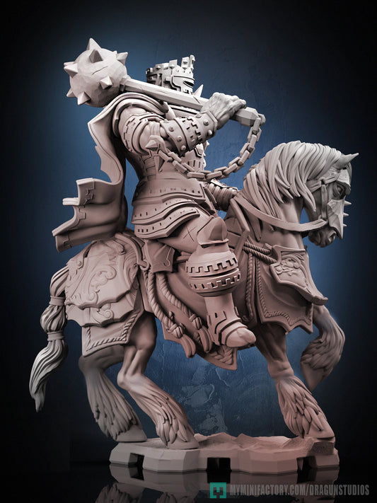 General Garibaldi human fighter resin tabletop miniature side clay render with mounted armored knight spiked flail chained weapon plated horse armor and cavalry boss styling for fantasy tabletop RPGs