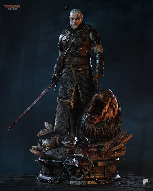 Geralt of Rivia The Witcher 1:6 scale statue front view, witcher standing with drawn sword, layered armor, monster trophy base, grounded combat stance