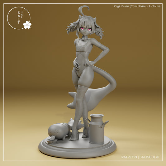 Gigi Murin Hololive anime resin figure unpainted clay render front view with cow bikini tail horns milk can and mascot creature accessory