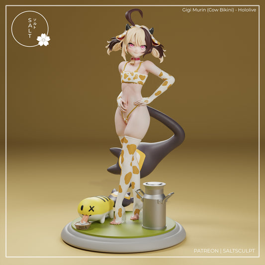 Gigi Murin Hololive VTuber painted resin statue with cow print bikini twin tails horns mascot creature milk bowl and anime display base