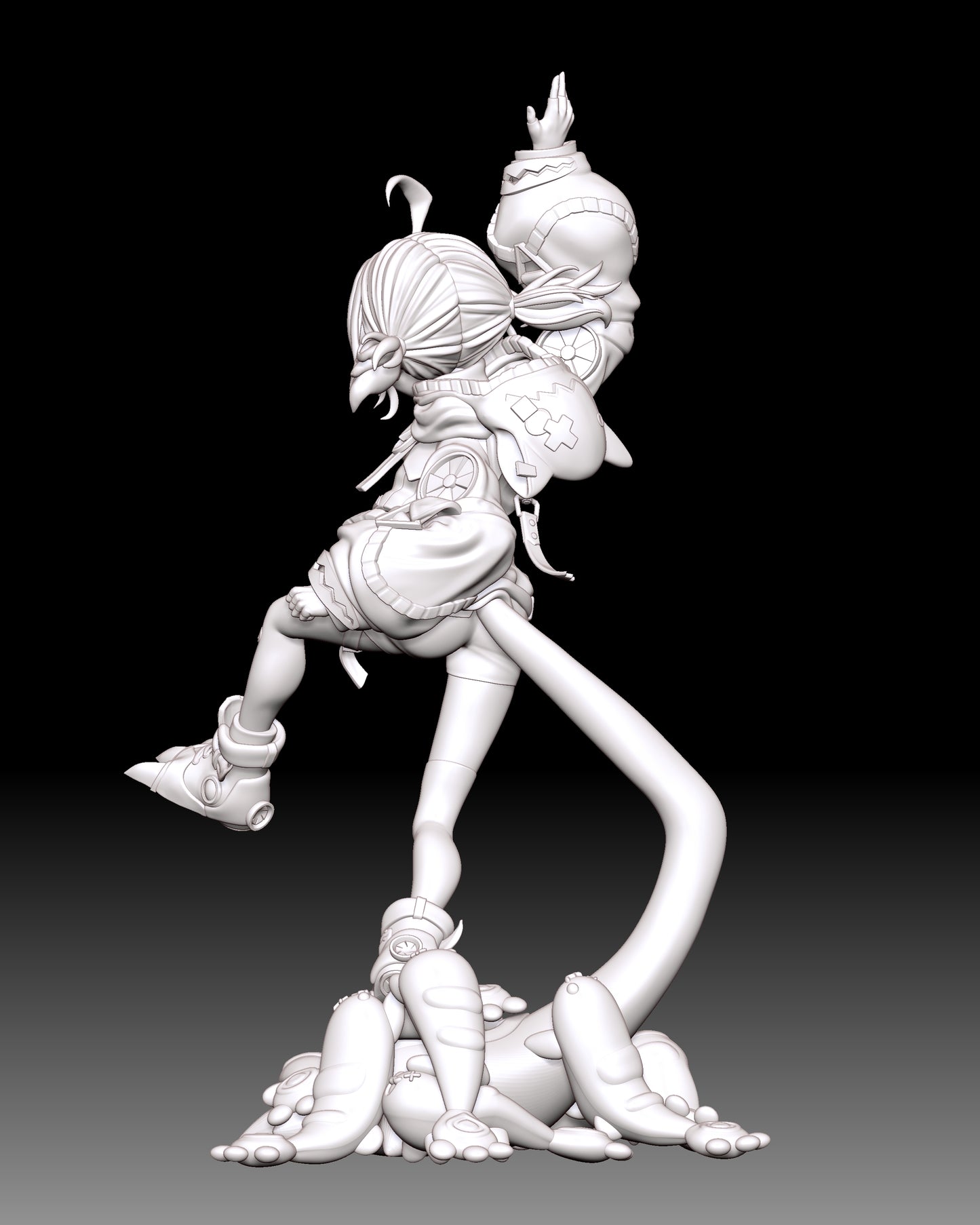 Gigi Murin VTuber 1:9 scale resin statue back clay render showing tail oversized hoodie creature base and sneaker details