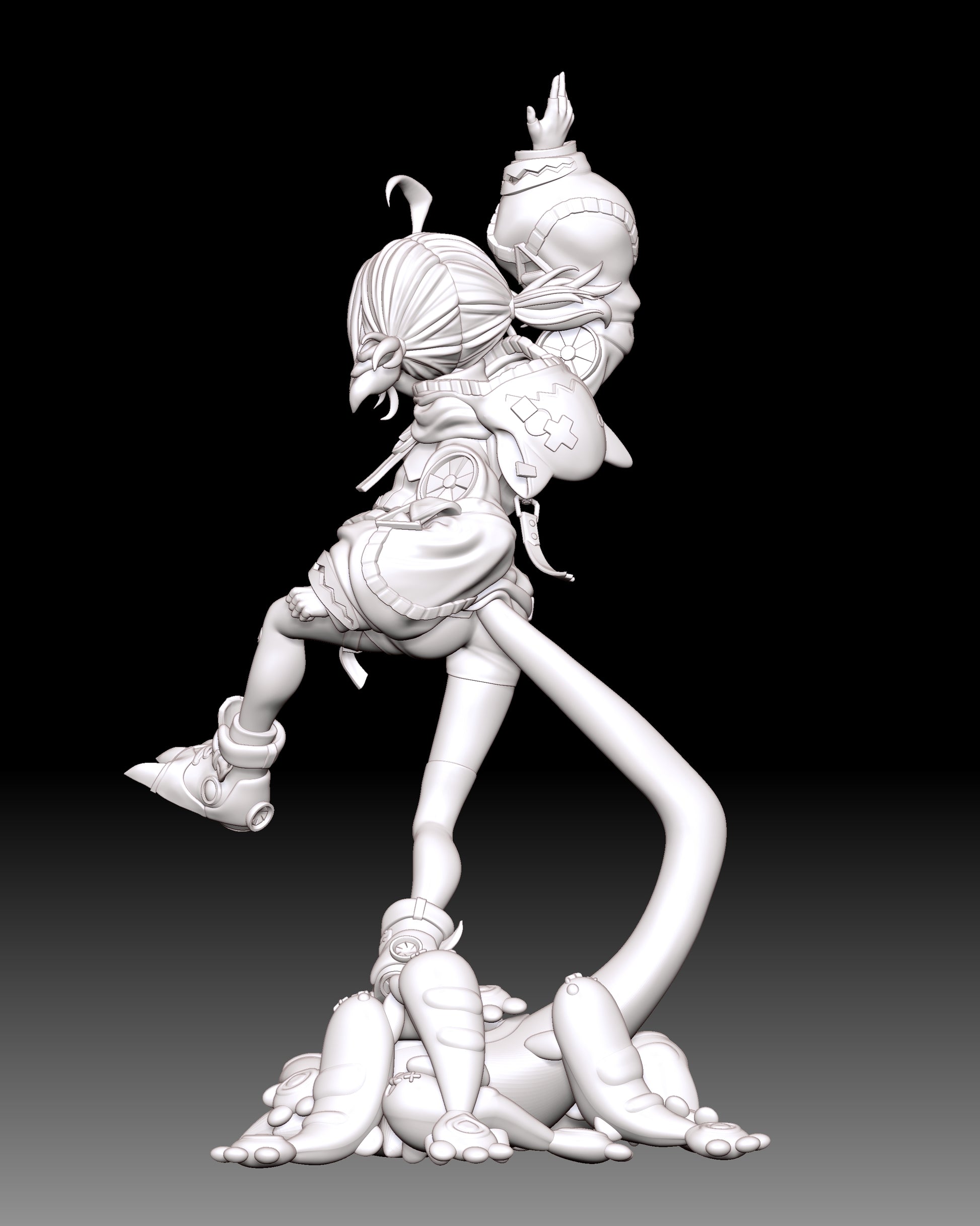Gigi Murin VTuber 1:9 scale resin statue back clay render showing tail oversized hoodie creature base and sneaker details