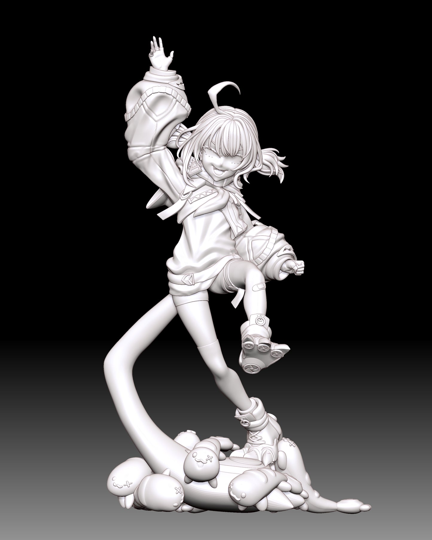 Gigi Murin VTuber 1:9 scale resin statue front clay render with playful pose fang smile oversized sleeves and mascot creature base