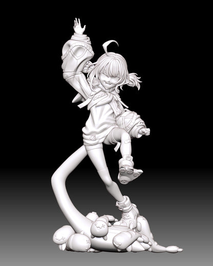 Gigi Murin VTuber 1:9 scale resin statue front clay render with playful pose fang smile oversized sleeves and mascot creature base