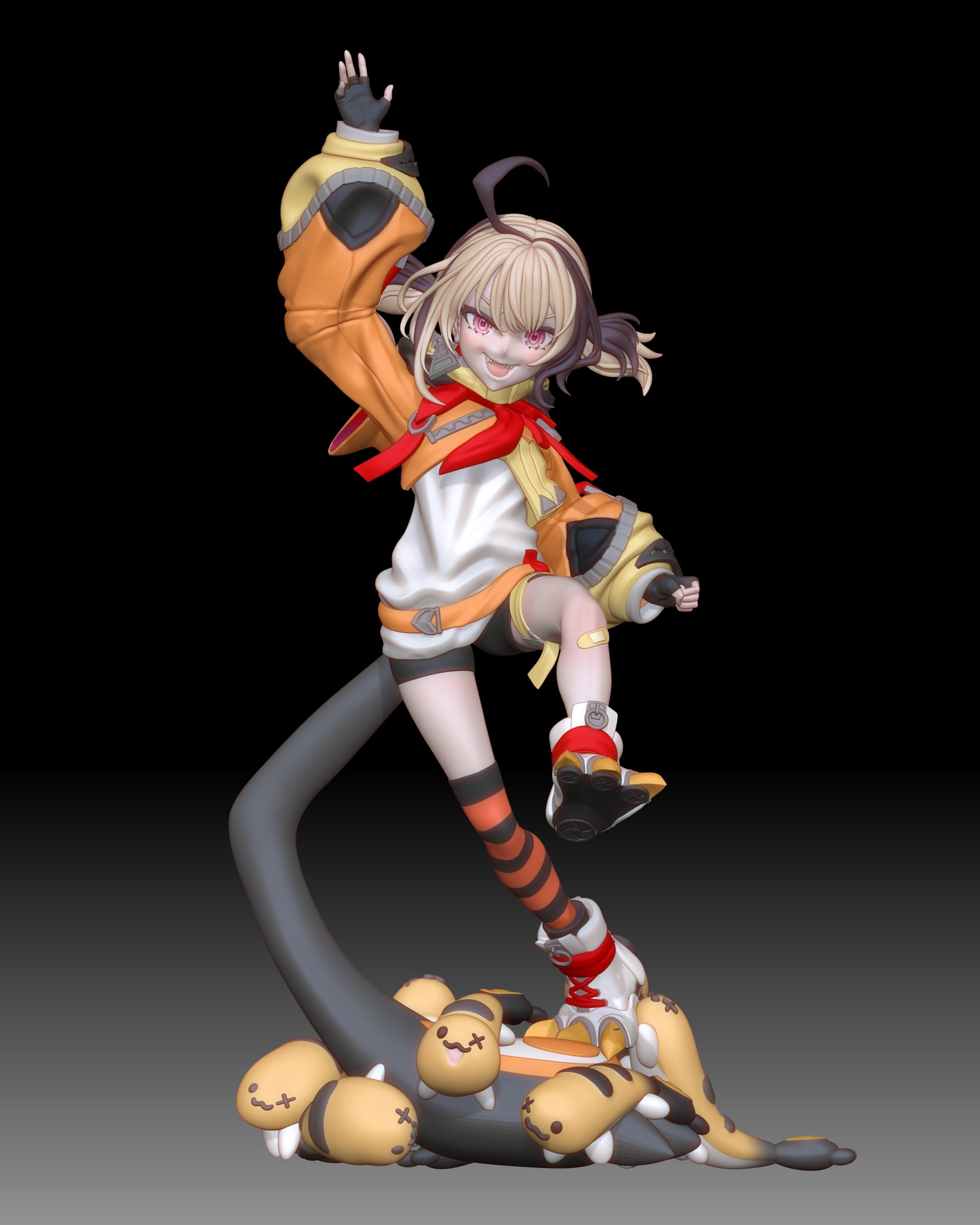 Gigi Murin VTuber 1:9 scale resin statue painted render front pose with oversized hoodie striped socks fang expression and creature base