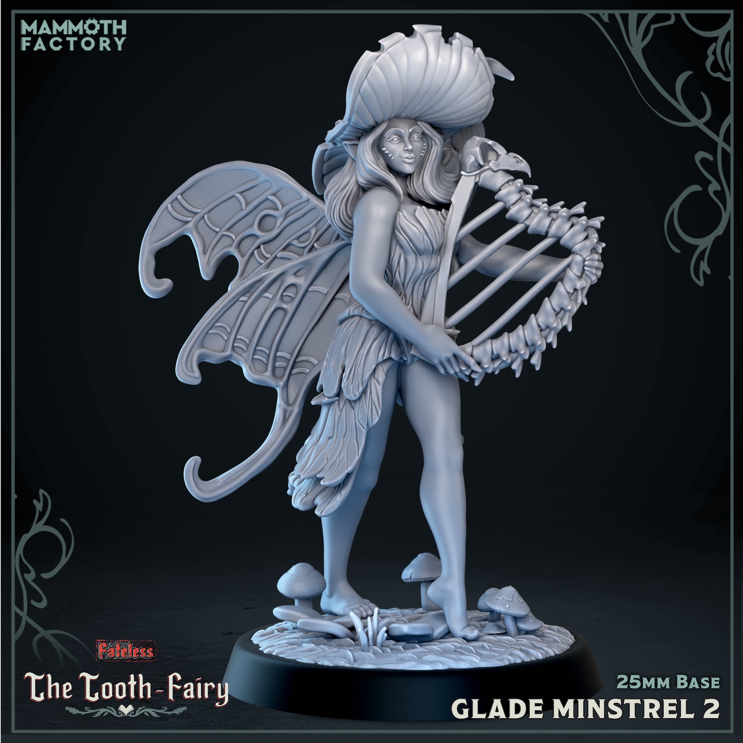 Glade Minstrel 2 Fateless 25mm resin miniature featuring a mushroom-crowned fey musician with butterfly wings and a bone-inspired harp.