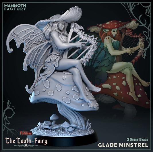 Glade Minstrel Fateless 25mm resin miniature featuring a winged fey bard seated atop a giant mushroom while playing an organic harp.