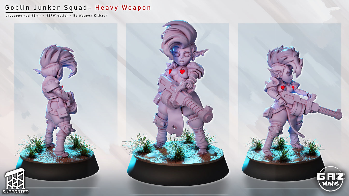 female goblin junker miniature nsfw variant holding heavy weapon, goblin mercenary with exposed armor configuration