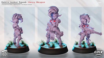 female goblin junker miniature nsfw variant holding heavy weapon, goblin mercenary with exposed armor configuration