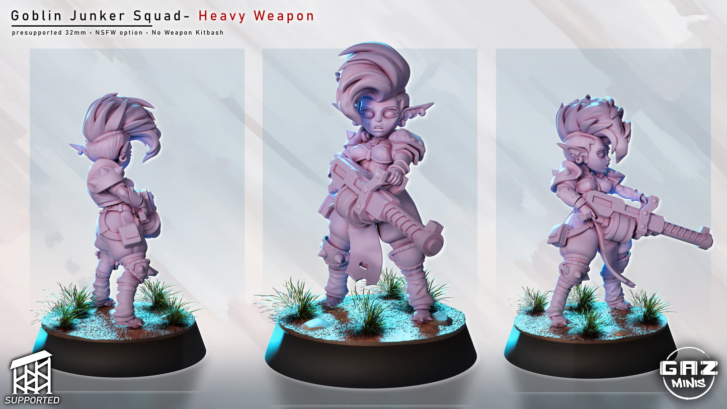 female goblin junker miniature holding improvised heavy weapon, sci fi goblin mercenary in armored gear with oversized gun